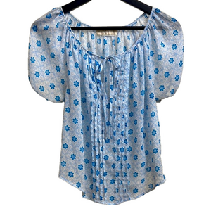 Abercrombie & Fitch Blue Floral Puff Sleeve Pleated Blouse Semi Sheer Top XS